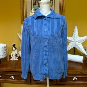 LLBean Women’s Blue Chunky Cable Knit Cotton Button Down Front Cardigan Large